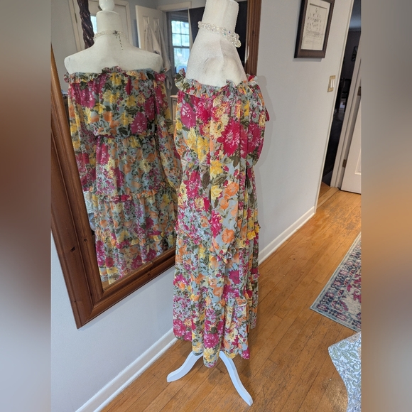 LC Lauren Conrad Off-Shoulder Floral Tiered Maxi Dress in Pink and Yellow - Picture 5 of 7